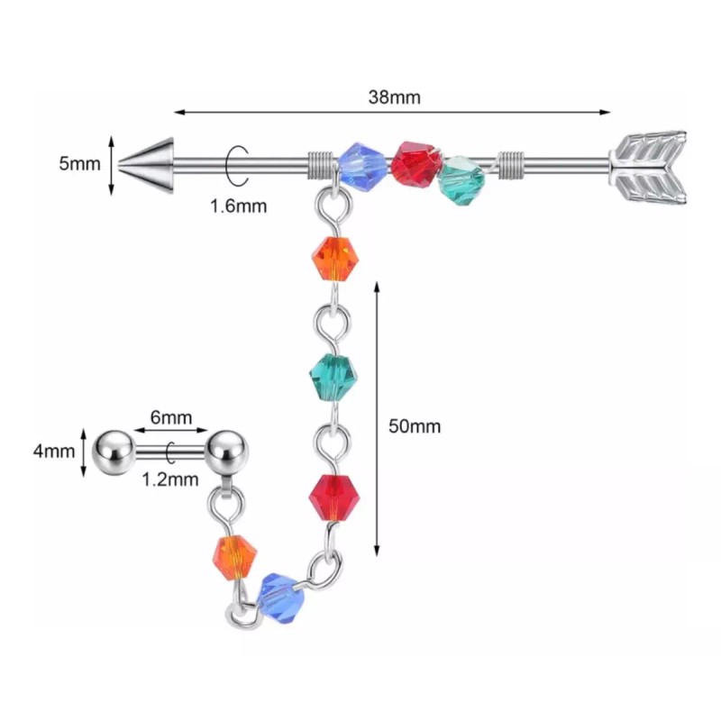 PMX Piercing Industrial Flecha Con Cadena, Arete Transversal 1pz