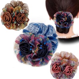 AsggBah 3pcs Upscale Hair Scrunchy with Vintage Duel-flowers Decorated Elastic Hair Bands Hair Ties Hair Accessory for Girls Women