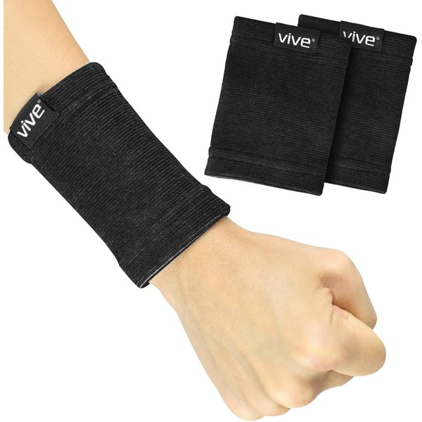 Vive Wrist Sweatbands (Pair) - Bamboo Charcoal Compression Wristband - Athletic Support for Carpal Tunnel Pain Relief, Arthritis, Tendonitis and Tennis (Black, Small / Medium)