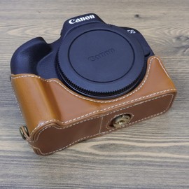 R50 Case, BMAOLLONGB Handmade PU Leather Half Camera Case Bag Cover Bottom Opening Version for Canon Eos R50 with Hand Strap (Brown)