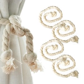 leruiyezs Curtain Clips - Hand Woven Cotton Curtain Clips, Beige Curtain Rope Tie Together, Pack of 4 Tiebacks for Living Room, Bedroom, Office, Decoration