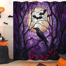 LAEDCIITI Crow Halloween Shower Curtain Purple Stained Glass Black Crows Bats on Vintage Dead Tree Branch Full Moon Spooky Gothic Night Horror Creepy Scary Fabric Bath Curtain with Hook