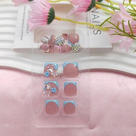 Press on Toenails Square Short Fake Toe Nails White French Tip Toe Nail Press ons Summer with Butterfly Glitter Designs Cute Acrylic Nude Stick on Toenails for Women 24Pcs
