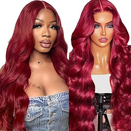 Lakaisa Human Hair Body Wave Human Hair Wig 4 x 1 Lace #99J Burgundy Glueless Wear and Go Wig Women's Real Hair Pre Bleached Knots Pre Plucked with Baby Hair for Woman 32 Inches