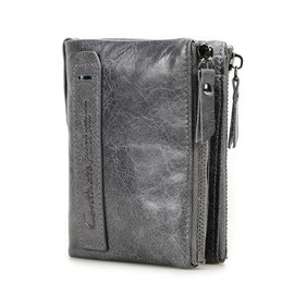 Contacts Men's Genuine Leather Bifold Wallet Double Zip Pocket Purse, Gray, Retro