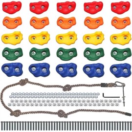 Jungle Gym Kingdom Rock Wall Stones Kit with 8 FOOT ROPE Jungle Gym 25 Colorful Climbing Holds Set