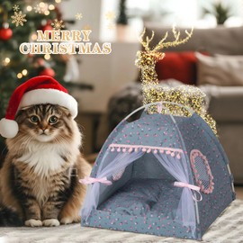 Gigreinc Cat Princess Indoor Tent House,Pet Dog Cute Floral Cave Nest Bed,PortableDogTents(M:38x38x36cm/15x15x14inch, Roses Gray)