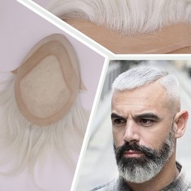 Civmo Men toupee Toupee for Men Wigs Hand Tied Swiss Lace Front with Monofilament and Poly Coating Around European Human Hair Replacement Systems Man Hairpiece 10x8 inches (60RY Grey White Color)
