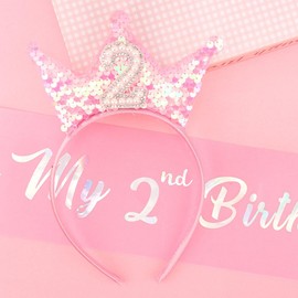 Exacoo 2nd Birthday Girl Sash and Headband Set 2nd Birthday decorations Girl Sequins Pearl Pricess Tiara Hairband,2 Year Old Two Sweet Happy Brithday Party Outfit Gifts