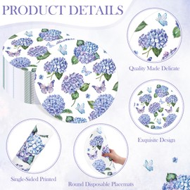Supervitae 60 Pack Hydrangea Butterfly Paper Placemats 13.7 Inch Watercolor Hydrangea Place Mats Round Table Placemats Spring Summer Seasonal Decorative Mats for Table Setting Banquet Wedding