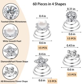 60 PCS 3 Shapes Gems Rhinestone Twister Hair Studs Set Diamond Spiral Pearl Flower Jewels Hair Pins Sticks for Wedding, Bridal, Prom, Party and Special Occasion(Flower Series)