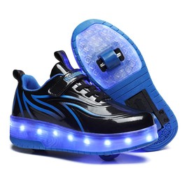 Qneic Kids Roller Shoes USB Rechargeable for Boys Girls Skateboard Shoes with LED Up Wheel Snakers for Birthday,Festival Gift(4.5 Big Kid/EU37,Blue/Black)