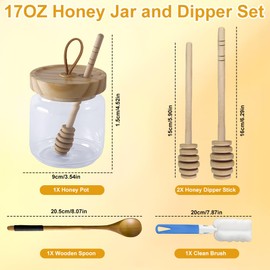 SEILETOO Honey Pot，Honey Jar and Dipper Set 17oz Glass Honey Jar with Dipper Honey Dipper Stick and Jar Set Glass Honey Dispenser No Drip Honey Container with Dipper with 2 Wooden Honey Dippers