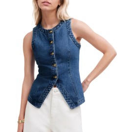 D-Sun Women Denim Vest Sleeveless Crewneck Button Down Jean Waistcoat Casual Front Slit Slim Denim Tank Top