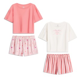 US Angels Girls Pajamas Sets- 4-Piece Cute Short Sleeve & Shorts PJ Set, Pink Girls’ Sleepwear, Kids Pajamas Sizes 5-16