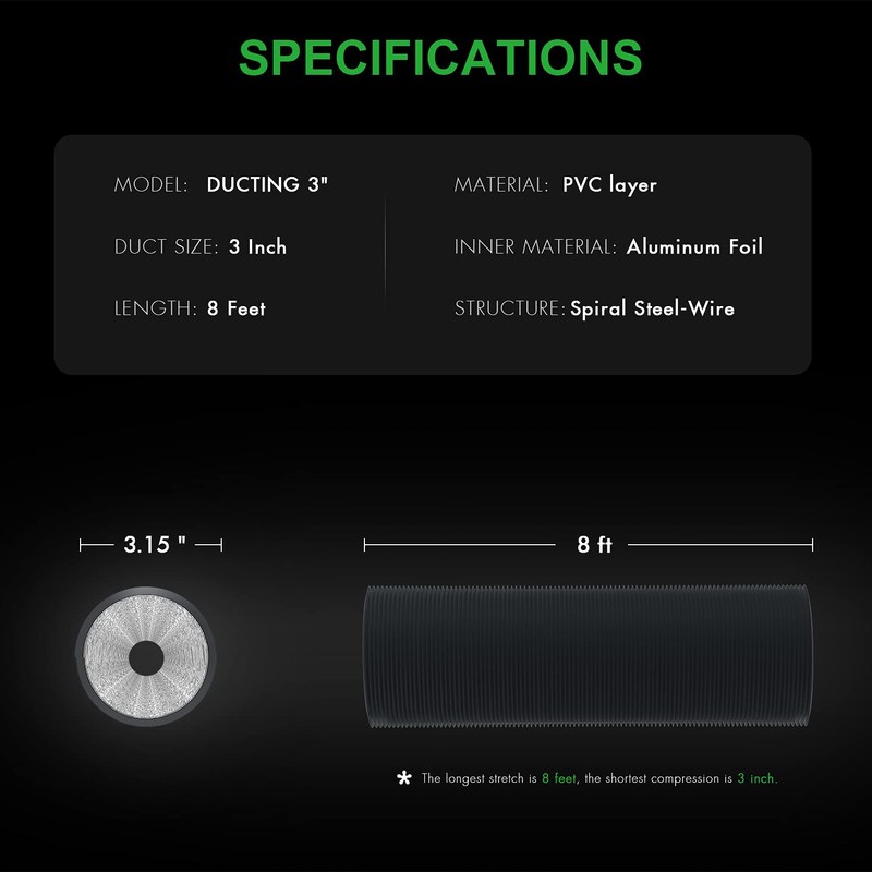 iPower Flexible 3 Inch 8 Feet Aluminum Ducting 4 Layer