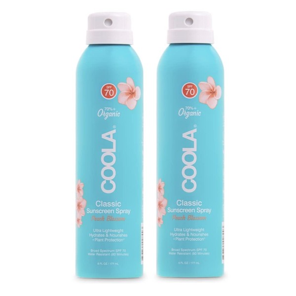 COOLA Organic Sunscreen SPF 70 Sunblock Spray, Dermatologist Tested Skin Care for Daily Protection, Vegan and Gluten Free, Peach Blossom, 6 Fl Oz, 2 Pack