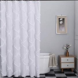 GARSTYLE White Ruffle Diamond Fabric Shower Curtain for Bathroom | Farmhouse Rustic Style 72’’x72’’