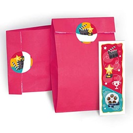 12 Gift Bags / Pink + 12 Stickers + 12 Bookmarks Cinema Party Bags Guest Gift Children's Birthday Girls Boys Adults