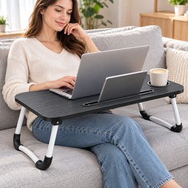 Portable Lap Desk for Working & Eating – Foldable Bed Table with Cup Holder & Tablet Slot for Bed, Sofa & Floor