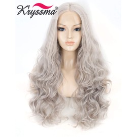 K'ryssma Ash Gray Synthetic Lace Front Wigs 22 inches Long Wave Synthetic Wig T4503 Wavy Grey Wigs for Women Heat Resistant Hair Half Hand Tied