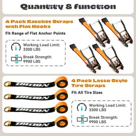 IBITION 4Pack Ratchet Car Tie Down Straps, Weather-Resistant 3300LBS Tie Down Straps with Flat Hooks for Securing Vehicles, ATVs, UTVs, and Motorcycles.