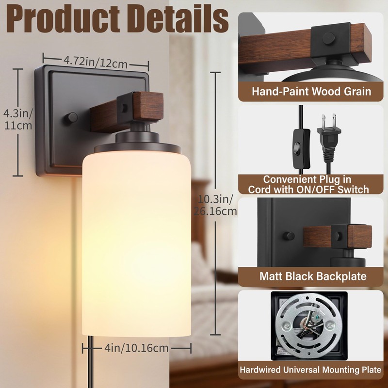 Plug in Wall Sconces Set of 2, Rustic Wall Light