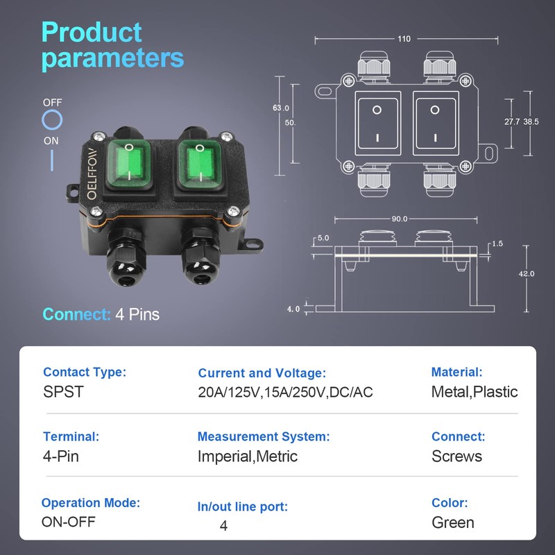 OELFFOW Waterproof On Off Toggle Switch Double Switch with Green