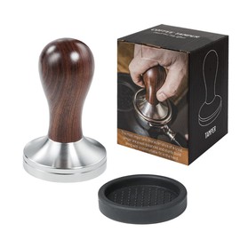Coffee Tamper 51mm Espresso Press with Tamper Mat 304 Stainless Steel Flat Base Wooden Handle for Coffee Grounds Barista Espresso Machines Accessory