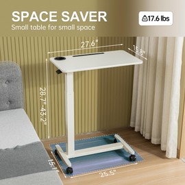 yaaqoo Height Adjustable Overbed Table with Wheels, Rolling Laptop Standing Desk, Portable Bedside Tables with Slot, Cup Holder, Mobile Pneumatic Computer Cart, White