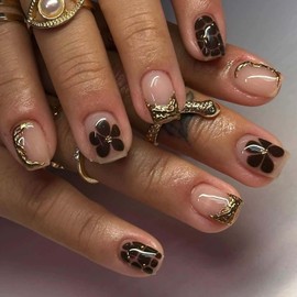 Short Press on Nails Brown Flower Fake Nails Square Glue on Nails with 3D Gidling Designs Cute Leopard Print False Nails Spring Gold French Full Cover Acrylic Nails 24Pcs Glossy Nails Press ons