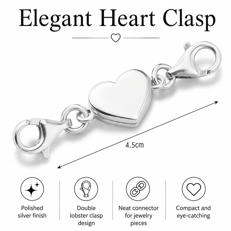 Kryoflare Sterling Silver Heart Jewelry Clasp, 925 Sterling Silver Double