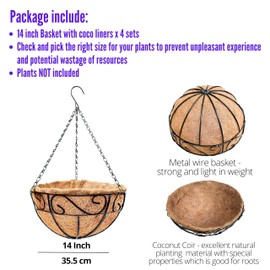 LaLaGreen Hanging Planter for Outdoor Plants - 4 Pack, 14 Inch Hanging Baskets with Coco Liner, Metal Wire Flower Basket Pots with Hook Hanger Balcony Porch Farmhouse Country Style Garden Decor
