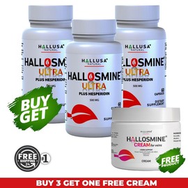 Hallosmine Ultra - Diosmin 500 mg - Hesperidin 150 mg - Dietary Supplement Diosmin Circulation 60 Cap - Healthcare  HALLUSA NATURAL Edible Fitness:_3 Bottles + 1 Free Cream