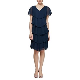 S.L. Fashions Women's Short Sleeve Tiered Chiffon Cocktail Dress, Wedding Guest Gown (Petite and Regular Sizes), New Navy, 14P