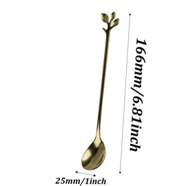 Runseaway 6PCS 6.5 Inch Leaf-Design Coffee Spoons, Long Handle Stainless Steel Stirring Spoons, Gold Teaspoons for Tea, Espresso, Ice Cream, Dessert, Cocktail