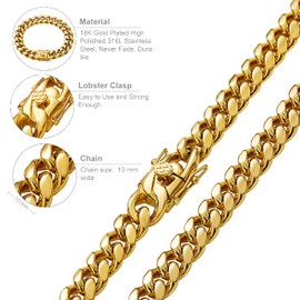 Granny Chic Cuban Link Chain Necklace or Bracelet for Men 10MM 18K Gold Stainless Steel Hip Hop Miami Curb Chains 8.5-30 inch(10MM, 8")