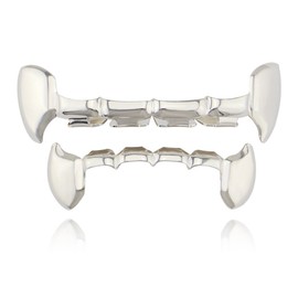 OOCC 18K Gold Plated Hip Hop Teeth Grillz Caps Iced Out CZ Top and Bottom Vampire Fangs Grillz for Your Teeth, brass