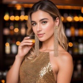 Flyonce Women Wedding Bridal Long Tassel Earrings, Sparkly Rhinestone Crystal Fringe Chain Costume Chandelier Earrings Brown