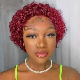 Pixie Cut  99J Color Lace Wig Spring Curl Short  Human Hair Wig for Women Brazilian Burgundy Pixie Cut Wigcolor: 13*1 99 j curly Pixie Cut Wig, stretched length: 6 Inches, Lace Size: 13x1