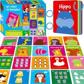 Animal Flashcards, 50 Double-Sided Cards, Wild/Farm/Marine Animal Cards Educational Learning Tools for Preschool and Toddlers Learning (2 Reclosable Rings Attached)