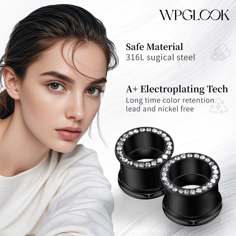 WPGLOOK 4pcs 1/2"(12mm) Ear Gauges Tunnels Plugs: Black and Silver