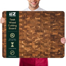 EZ FURNITURE Non-Toxic Teak Large Wood Cutting Board & Serving Board, Pre-Oiled End Grain with Juice Groove and Handles, Knife Friendly, Food Grade Mineral Oil Coating (XL 24" x 18" x 1.5", 16.98 lbs)
