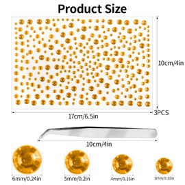 3 Sheets Self Adhesive Gems Yellow Rhinestone Stickers 3-6mm Diameter Diamante Crystal Decals Festival Face Jewels Bling Pearls for Face Eye Makeup Nail Body Crafts includes Tweezers (Yellow)