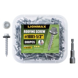 LIONMAX Metal Roofing Screws #10 × 1-1/2 Inch, 300-PCS, Rustpert Coating Hex Head Sheet Metal to Wood Siding Screw with Rubber Washer, Sharp Point, Hex Socket Included
