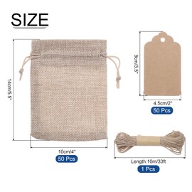sourcing map 50PCS 4"x 5.5" Burlap Gift Bags with Drawstring and 50PCS Gift Tags & String for Wedding Favors, Jewelry Pouches, DIY Craft
