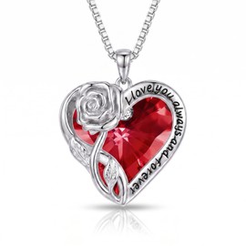 OCJ Ruby Necklace 925 Sterling Silver Rose Flower Heart Crystal Pendant Necklaces July Birthstone Jewelry for Women Anniversary Birthday Gift for Her Wife Girlfriend Mom Daughter