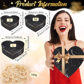 Glenmal 3 Pcs Valentine's Day Heart Shaped Gift Boxes with Lids 100g Shredded Paper Fill Nesting Floral Heart Gift Box for Valentine Wedding Birthday Flower Present Wrapping(Black Marble)