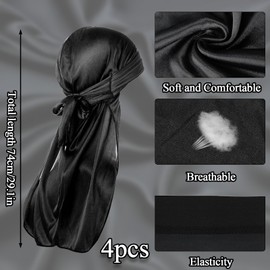 JISRKP 4pcs Durag Mens, Silk Durag Long Tail Durag for Men and Women -Perfect for 360 Waves Dreadlocks, Silk Durag Hat Soft Pirate Headwraps Cap Hair Loss Chemo Cap Black