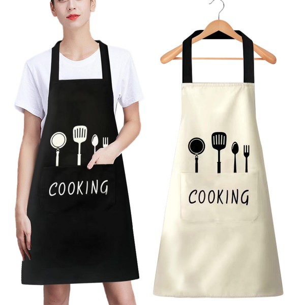 AMDZGLB Cooking Apron 2 Pieces Smock Apron Men Women Apron Waterproof with Pockets for Gardening, Cooking, Painting, Grilling, Baking, black